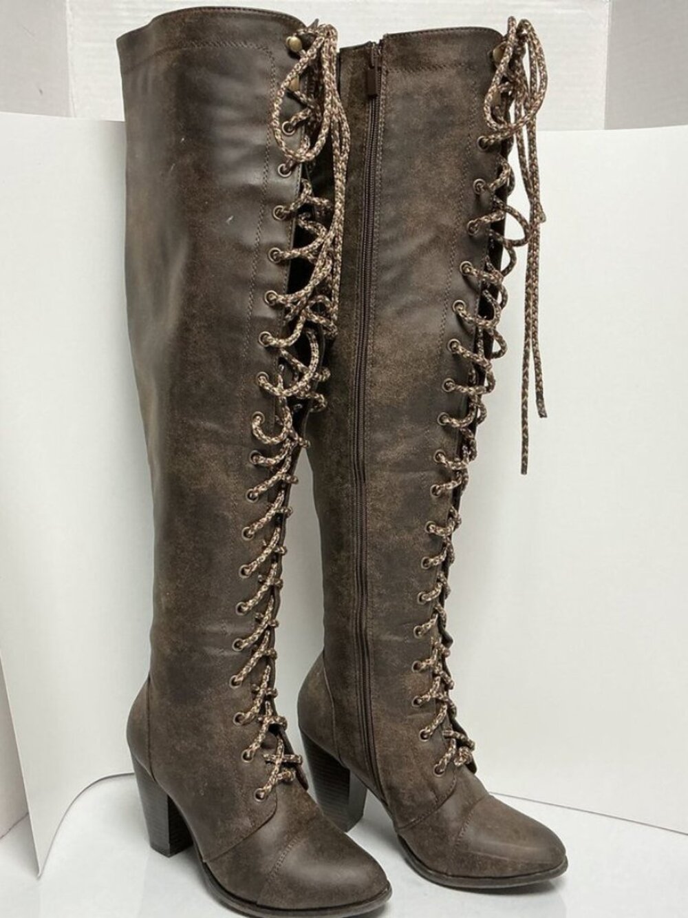 Forever Knee High Lace-Up Boots Brown Size 7.5 Wide Calf